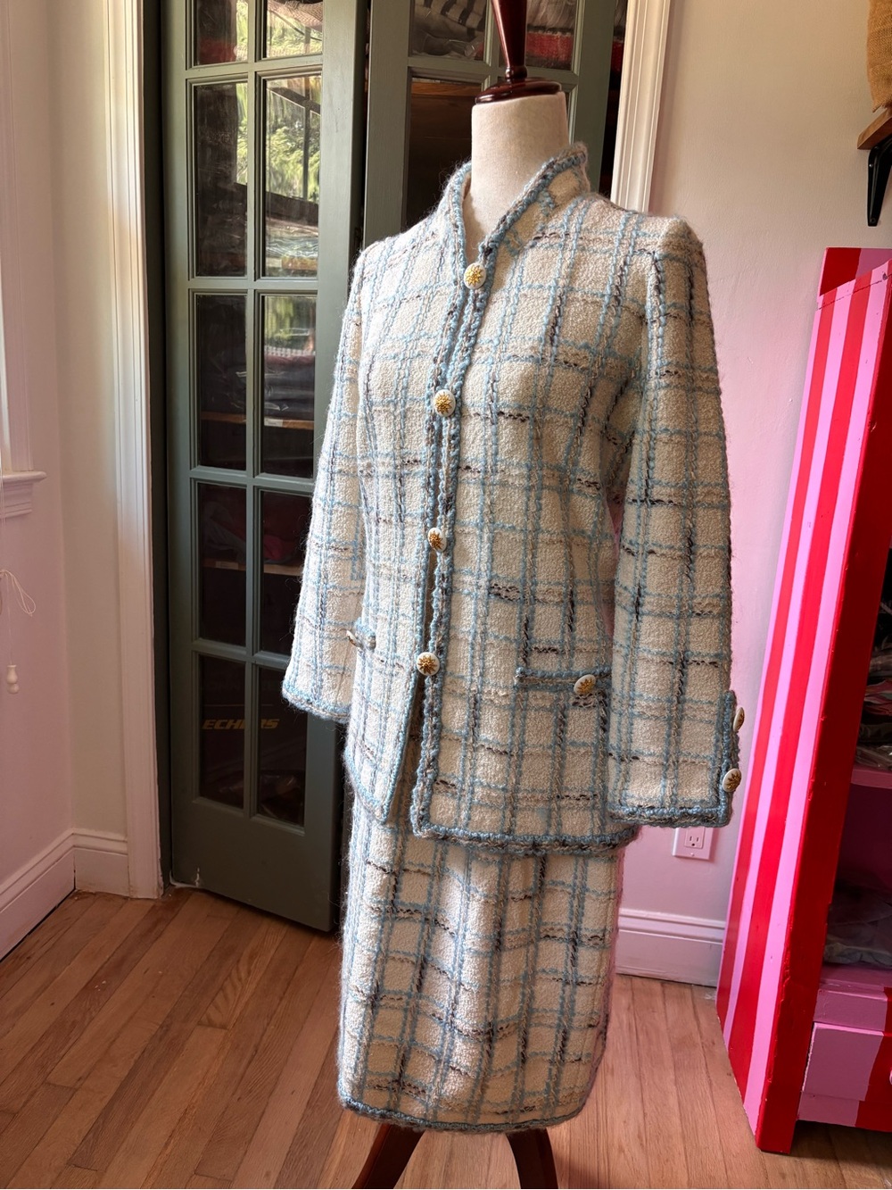 Vintage Adolfo Saks 2 Piece Wool Boucle Suit Set Plaid Skirt Jacket ILGWU USA